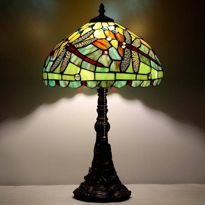 Tiffany Table Lamp Stained Glass Lamp 12X12X19 Inch Antique Reading Light (Green Red Dragonfly)