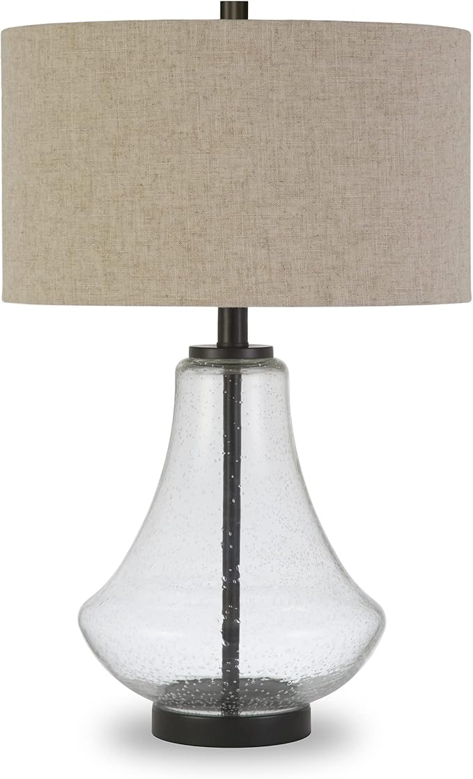 Lagos 23" Tall Table Lamp with Fabric Shade in Seeded Glass/Antique Bronze/Flax