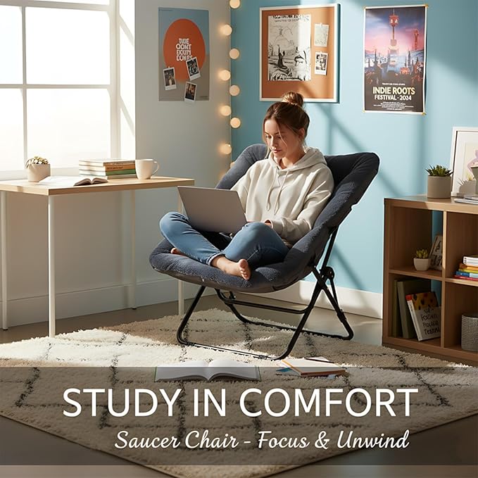 Comfy Folded Chair, Soft Faux Fur Oversized Folding Chair, Flexible Lazy Chair for Kids Girls Teens Adults, Metal Frame Moon Chair for Dorm Rooms, Bedroom, Living Room