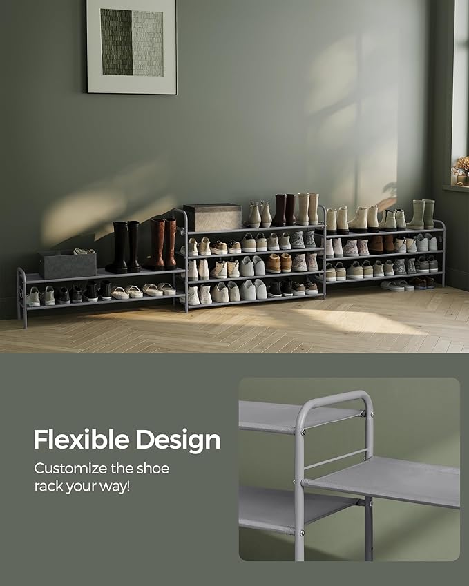 SONGMICS Shoe Rack, 3-Tier Shoe Organizer, Fabric Shoe Shelf Storage with 4 Hooks, Holds up to 18 Pairs of Shoes, Height-Adjustable Shoe Rack for Entryway, Hallway, Closet, Easy Assembly, Dove Gray