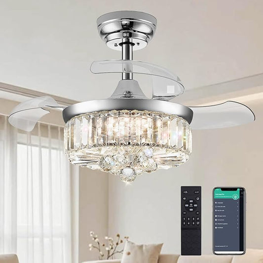 DuMaiWay 30" Chandelier Ceiling Fan with Light Crystal Modern Fandelier Reversible Ceiling Fan Dimmable Retractable Timer for Bedroom Dining Living Room Silver Chrome
