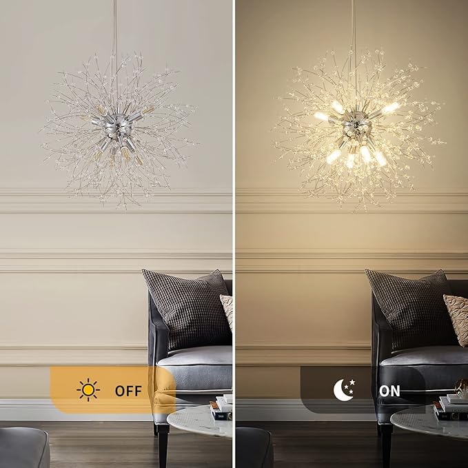 CM MZY Modern Crystal Chandeliers Firework, 8-Light Chrome Dandelion Sputnik Ceiling Light Fixtures, Sputnik Chandelier for Bedroom Living Room Dining Room Kitchen Island Hallway
