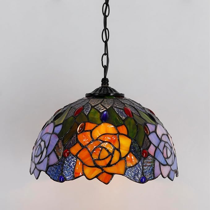 Tiffany Pendant Light Plug in 12 Inch Orange Red Rose Flower Stained Glass Hanging Lamp with Chain 33 Inch, Cord 15 Feet