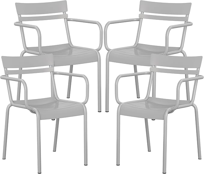 Flash Furniture Nash Commercial Grade Steel Stack Chair, Indoor-Outdoor Arm Chair with 2 Slat Back, Set of 4, Silver
