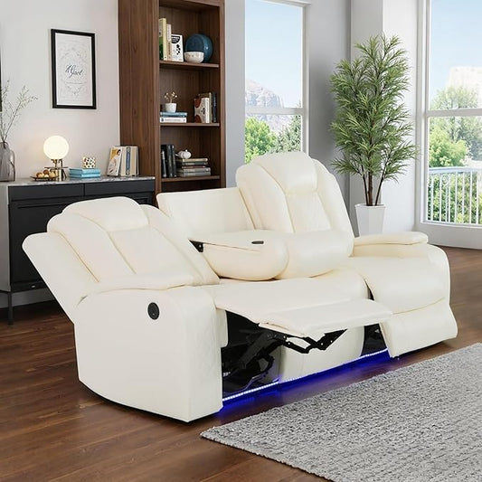 Power Leather Reclining Sofa with LED Light,Double Recliner Sofa with Drop Down Coffee Table/USB Port/Storage,3 Seater Leather Couch for Living Room Furniture Sets(3 Seats,Creamy)
