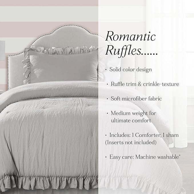 Lush Decor Reyna Ruffle Comforter Set, Twin XL, Light Grey, 2 Piece Cozy Bedding Set