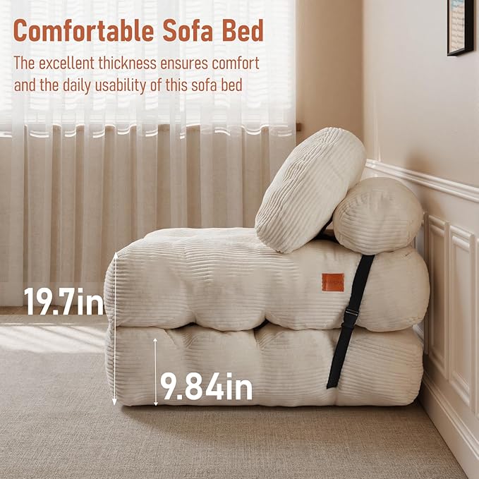 Folding Sofa Bed, Convertible Chair Bed with Back Support and Pillow Futon,Foldable Boneless Chair for Living Room/Guest Use/Home Office, Foldable Couch for Adults, Beige