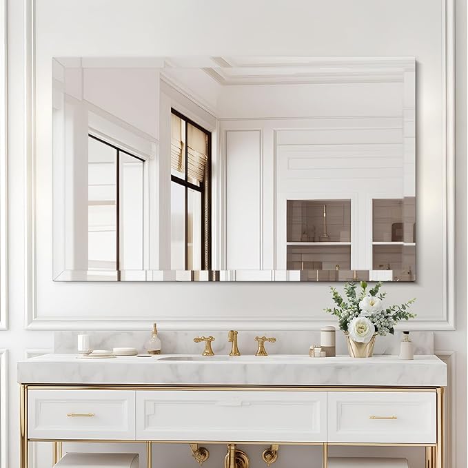 30x36 Inch Frameless Wall Mirror with 1" Beveled Edge, Frameless Rectangle Mirror for Bathroom, Vanity, Living Room