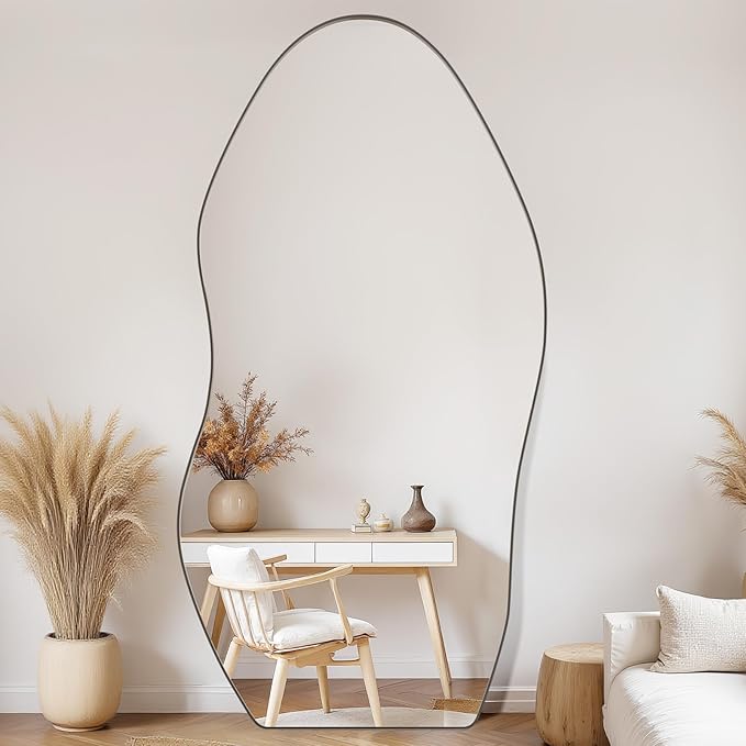 Antok Full Length Mirror, 81"x41" Floor Mirror with Stand, Standing Hanging Leaning Irregular Mirrors for Bedroom Living Room Entryway, Wavy Shaped, Black