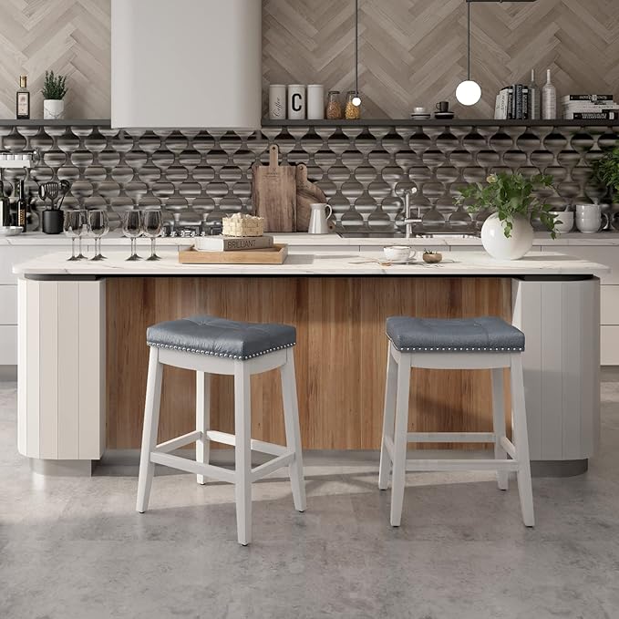 COSTWAY Bar Stools Set of 2, 24-Inch Height Backless Counter Stool with Footrest, Soft Seat Cushion, Wood Legs and Non-Slip Foot Pad, Saddle Stools for Home Kitchen Living Room, Stone Gray+White