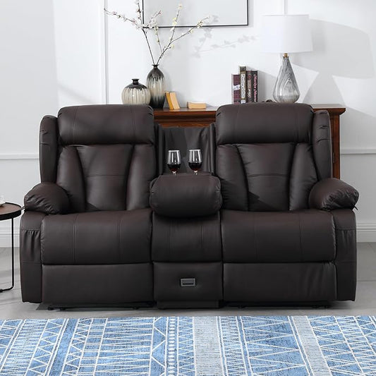 72.8" Manual Reclining Loveseat - Wall Hugger Double Loveseat Recliner with Console, Fold-Down Table and Built-in Outlets, Manual Recliner Chair for Living Room RVs Home Theater (Brown)