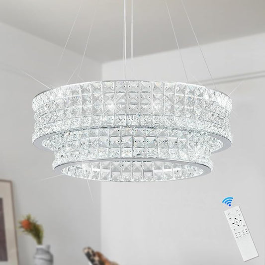 LED Crystal Chandeliers with Remote Control 20’’ Luxury 2-Tier Modern Chrome Chandelier Light Fixture Dimmable for Dining Room Bedroom Kitchen Foyer Entryway 3000-6500K