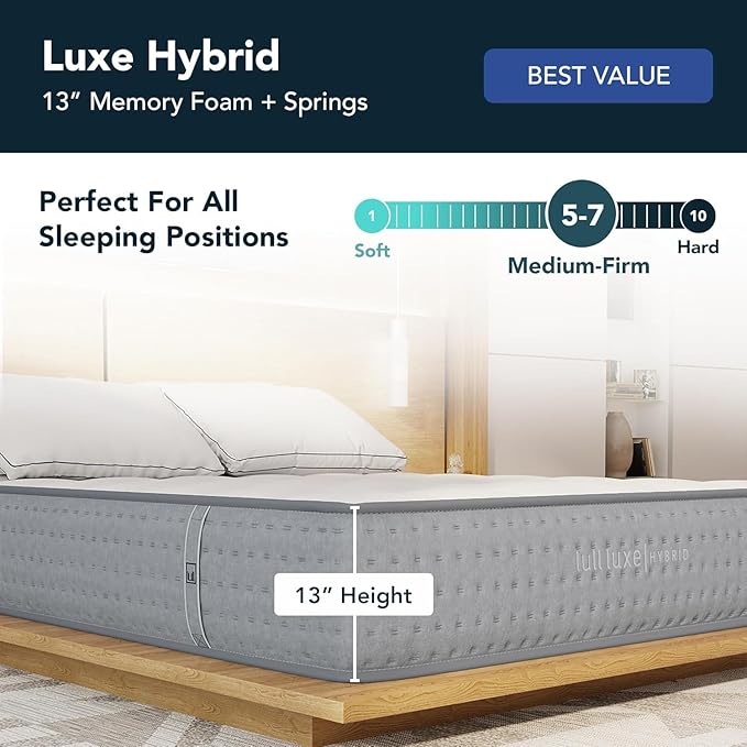 Lull Luxe Hybrid 13 Inch Full Size Mattress – 6 Layer Full Size Memory Foam Mattress with Cooling Gel Tech – Highest Density & Therapeutic Support with Individually Wrapped Springs – 365 Night Trial