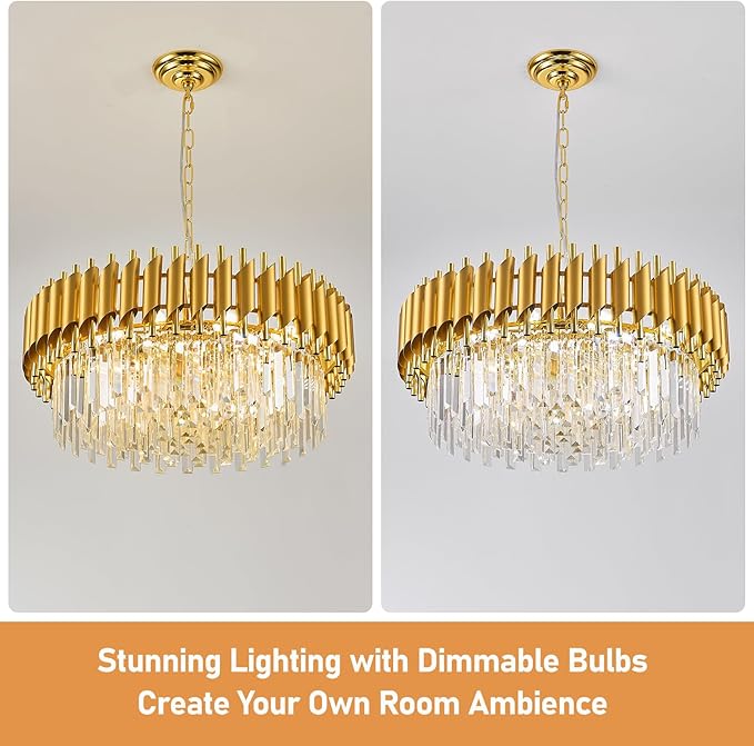 Gold Crystal Chandelier Round Chandeliers – 24" with 5-Tier Sparkling K9 Crystals, Chandeliers for Dining Room Living Room Bedroom Foyer