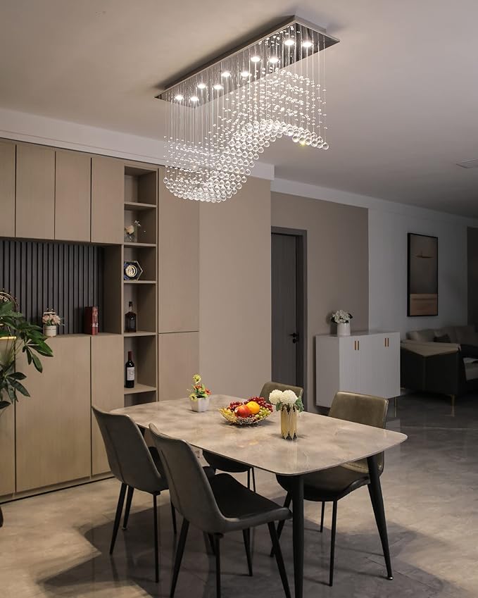 Siljoy Modern Crystal Chandelier, 12-Light Luxury Large Rectangle Wave Raindrop Chandelier, Rectangular Flush Mount Crystal Ceiling Light for Dining Room Kitchen Island L47'' x W11.8'' x H40''