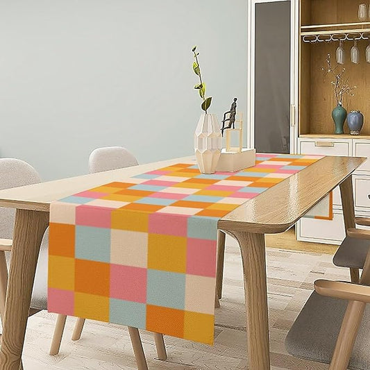 70s Hippie Table Runner Vintage Geometric Square Square Grid Yellow Orange Pink Blue 1960s 1970s Retro Country Farmhouse Dinner Runner for Living Room Kitchen Party Holiday Dinner Home Decor 13x60in