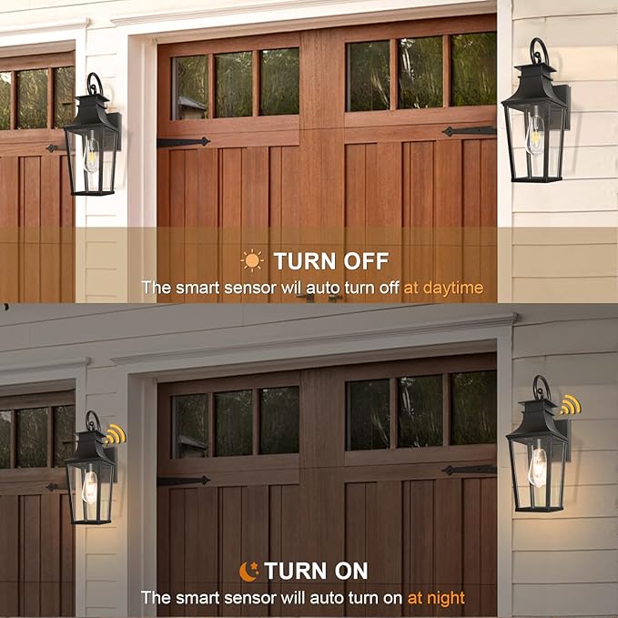 ALVIME Dusk to Dawn Outdoor Wall Lighting, 17 Inch Matte Black Outdoor Sconce Lights, Exterior Light Fixtures for House, Front Door, Porch, Patio, Garage, E26 Base& High Strength Clear Glass