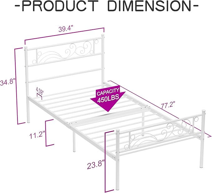 Weehom Twin Size Bed Frame with Headboard No Box Spring Needed Platform Single Bed for Kids, White