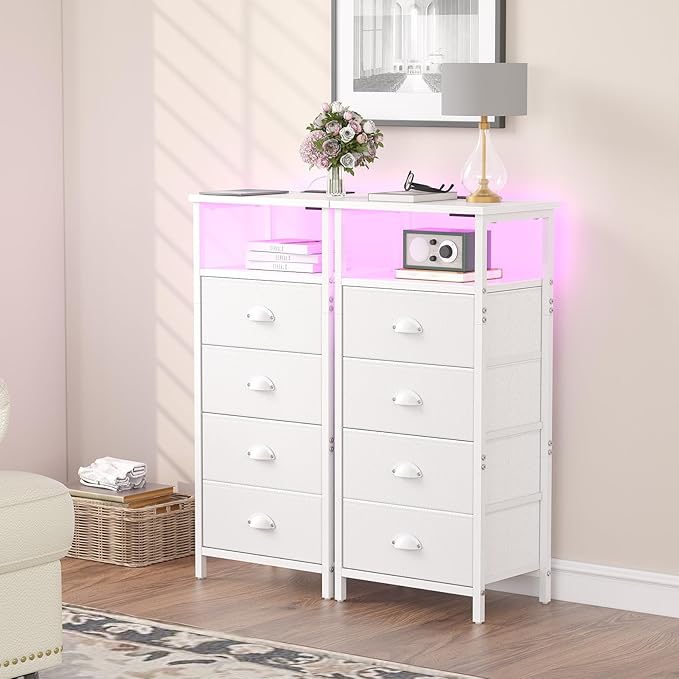 Nightstand with Charging Station,LED White Nightstand with 4 Fabric Drawers PU Finish, Bedside End Tables, 2-Tier Open Storage Shelf Side Table Nightstand with Drawers for Bedroom,White