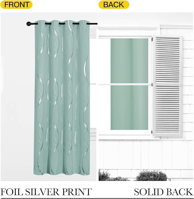 NICETOWN Aqua Blue Stripe Curtain Panels 63 inch Long for Dining Room and Patio, W52 x L63 inch, Wave Line Foil Print Design Pattern Drapes for Modern Apartment Wall Decor, 2 Panels