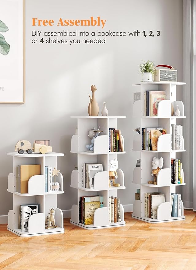 Rotating Bookshelf Tower, 4 Tier Spinning Square Bookshelf for Small Spaces, 360 Display Kids Bookshelves, Revolving Bookcase Floor Standing Storage Rack, White