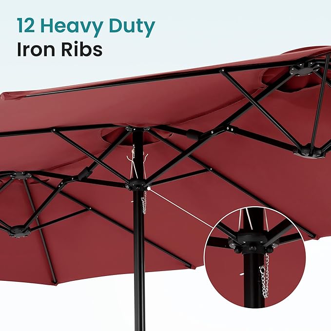 DUMOS 15FT Extra Large Patio Umbrella with Base Included, Rectangle Table Umbrella Outdoor Patio, 12 Sturdy Ribs Triple Head Canopy Outside Umbrellas for Deck, Backyard and Poolside, Wine Red