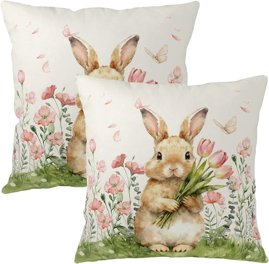 Easter Bunny Outdoor Pillow Covers 24x24 Set of 2 Watercolor Pink Flowers Pillows Cases Farmhouse Rabbit Floral Pillowcase for Sofa Couch Home Decor