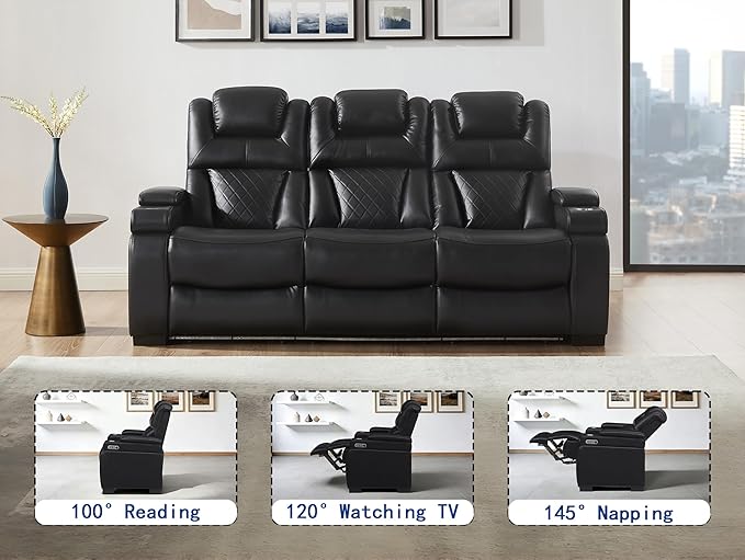THSUPER Power Breathable Leather Reclining Sofa with 7-Color LED Light, Living Room Recliner Couch with Adjustable Headrest/Reading Light/USB Port/Storage Arm/Drop Down Table for Living Room, Black