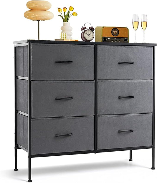 6-Drawer Dresser for Bedroom, Anti-Tip Wide Storage Organizer Chest of Drawers with Wooden Top and Metal Frame Fabric Bins for Closet, Living Room, Hallway, Entryway, Gray