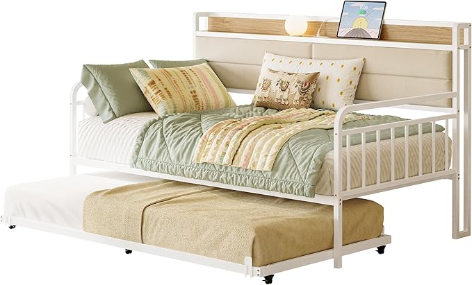 LIKIMIO Daybed with Trundle, Sturdy Metal Twin Bed Frame with Upholstered Headboard and Charging Station for Living Room, Bedroom and Guest Room, White