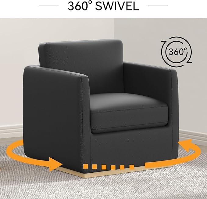Sunny Heart Swivel Accent Chair, Velvet Swivel Barrel Chair,Club Chair with Wood Base, Modern Upholstered Armchair, Cozy Chairs for Living Room, Bedroom, Reading, Leather-Black