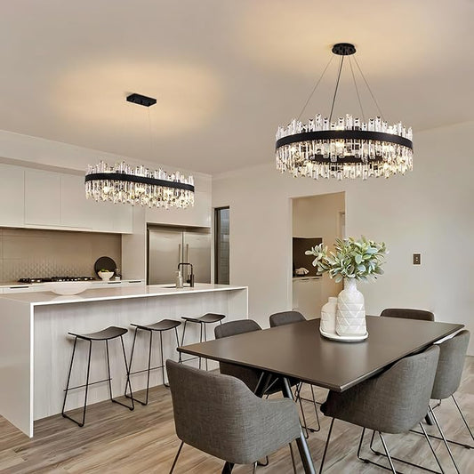 Siljoy Modern Crystal Chandelier 16-Light Farmhouse Black Round Crystal Raindrop Chandelier Industrial Dimmable Crystal Pendant Ceiling Light Fixture for Dining Living Room Entryway Foyer D31.5''