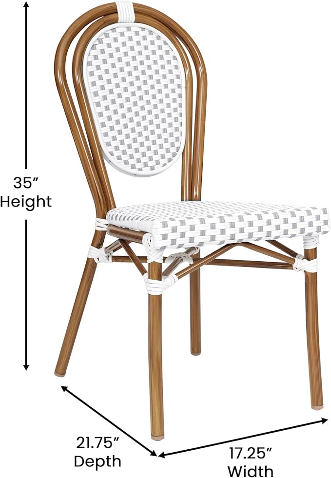 Flash Furniture Lourdes Indoor/Outdoor Commercial Thonet Bistro Stack Chair - White/Gray PE Rattan Back and Seat - Natural Bamboo Print Metal Frame