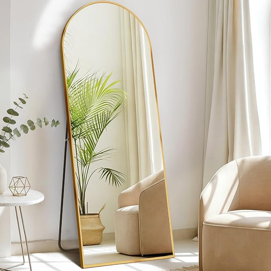 DUMOS Arched Full Length Mirror with Stand Floor Standing Aluminum Frame for Bedroom Body Hanging Leaning Modern Simple Home Decor Shatter-Proorf Nano Glass Wall Living Room Cloakroom Gold 58"x19"