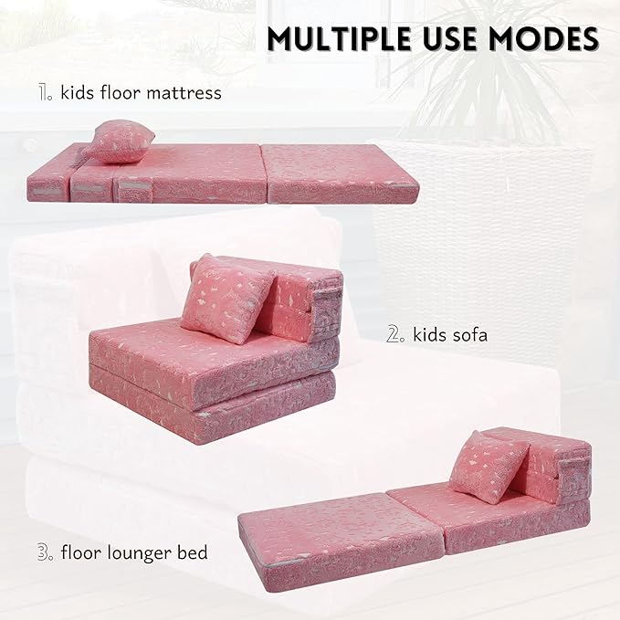 MeMoreCool Glow Pink Unicorn Tri-fold Sofa Bed for Kids, Foldable Futon Chair and Floor Couch, Convertible Trifold Mattress for Playroom