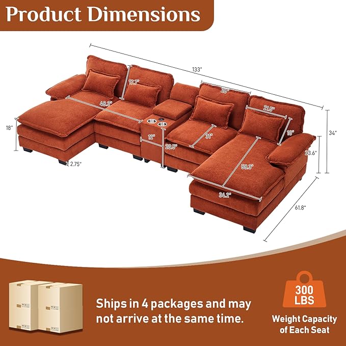 133" Oversized U Shaped Cloud Couch Modular Sectional Couches for Living Room Comfy Chenille Deep Seat Sofa Set with Double Chaise Lounge, Storage Central Console, Cup Holders, USB Port, Orange
