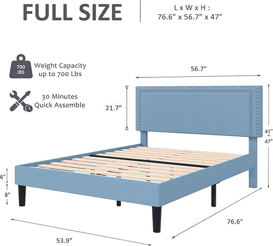 VECELO Full Size Bed Frame with Adjustable Upholstered Headboard, Wooden Slats Platform, Noise-Free Design, No Box Spring Needed, Easy Assembly