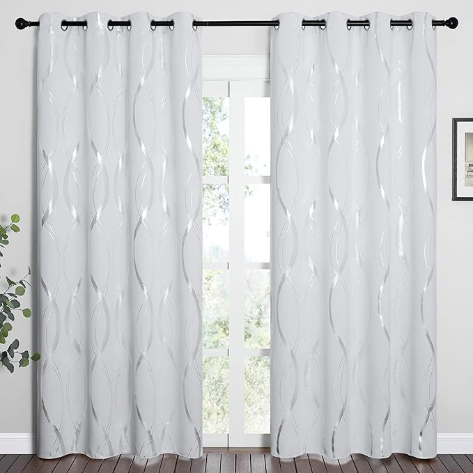 NICETOWN Greyish White Room Darkening Curtains for Living Room 84 inch Long - Foil Printed Thermal Insulated Grommet Room Darkening Panels/Drapes for Bedroom Decoration (2 Panels, W52 x L84)