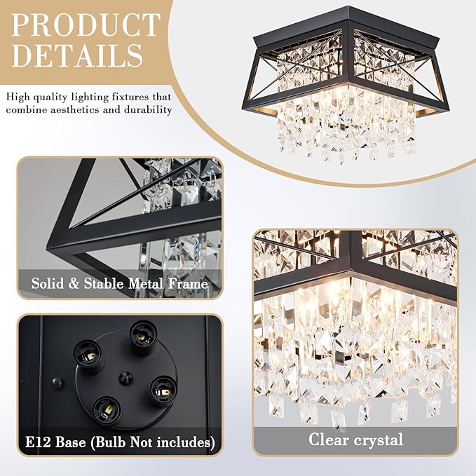 Crystal Flush Mount Ceiling Light, 11.8 inch 4-Light Black Farmhouse Lighting Metal Ceiling Light, Modern Trapezoid Hallway Light Fixtures Ceiling Mount for Bedroom Kitchen Laundry Entryway Foyer