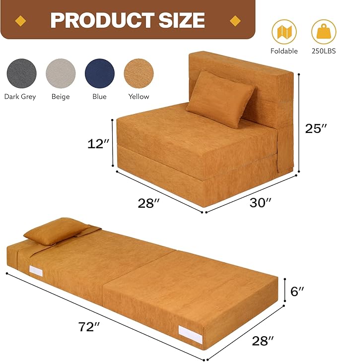 Fvkind Folding Sofa Bed, 4 in 1 Convertible Fold Out Single Chair Bed with Pillow, Memory Foam Futon Chair, Foldable Futon Couch, Foldable Sofa Mattress for Living Room, Bedroom, Guest Room, Yellow