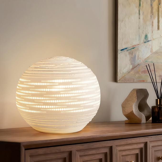 RONDURE 8.7" Modern Ceramic Table Lamp, Fully Dimmable Modern Bedside Lamps for Bedroom, Living Room and Nightstand, White Translucent Ceramic Shade, Warm Ambient Lighting, Corded, Bulb Included