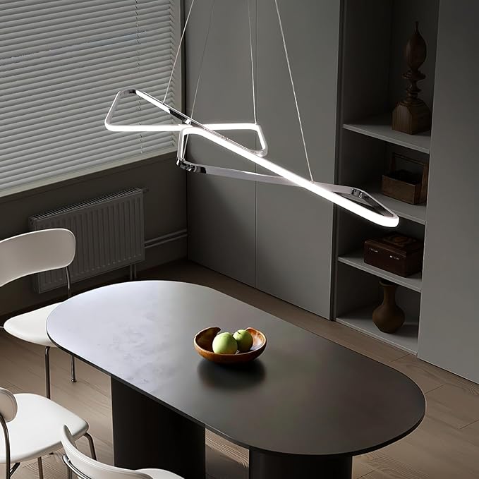 47.24 in Dimmable Modern LED Chandeliers for Dining Room - Adjustable Height Pendant Light Fixture Over Table, Contemporary Silver Chandelier Light Fixture (Chrome 47.24")