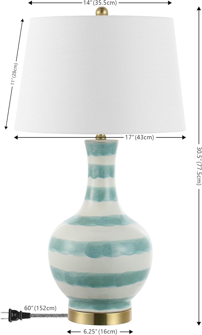 JONATHAN Y 30.5" Green/White Striped Ceramic Table Lamp for Bedroom Living Room, Modern Coastal Bedside Lamp with Gold Base and White Linen Shade, LED Bulb Included JYL3054A