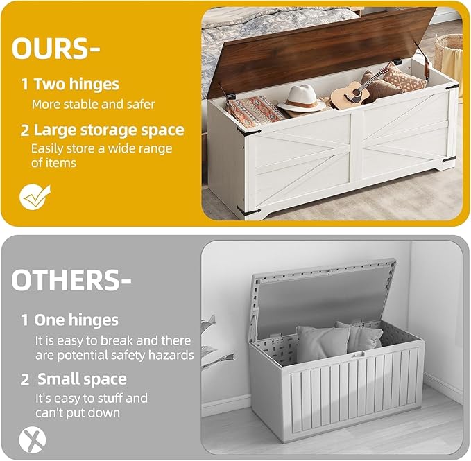 DWVO Wooden Storage Bench, Farmhouse Storage Chest with Safety Hinges, Entryway Shoe Organizer, Multi-Use Storage for Living Room/Bedroom, 47.2" L, White and Walnut