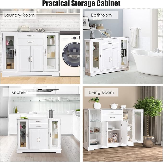 DORTALA Buffet Sideboard, Kitchen Server Cabinet w/ 2 Drawers, Glass Display Cabinet w/Adjustable Glass Shelves, Multifunctional Sideboard Console Table for Kitchen, Living Room, Dining Room, White