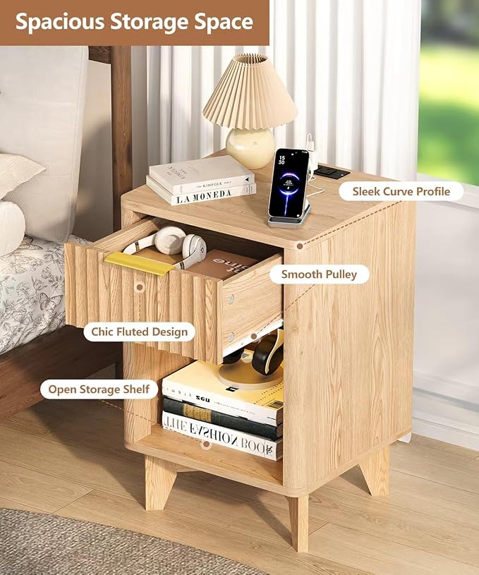Fluted Nightstand Set of 2, Wooden Night Stand with Charging Station and LED Light, Modern Mid Century End Table with Drawer, Bedside Table for Bedroom, Natural Oak