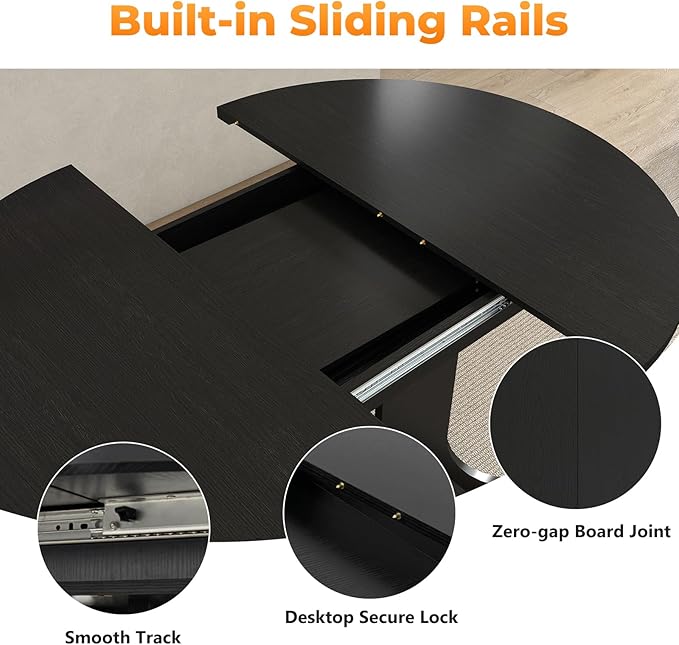 43"-59" Extendable Dining Room Table for 4-6, Expandable Round Dining Table, Oval Tabletop with Trestle X-Shaped Base & Metal Track for Office, Living Room-Black