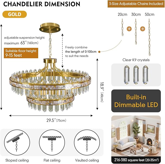 2-Tier Round LED Crystal Chandelier for Living Room - Large 3 Colors Stepless Dimmable Gold Chandeliers,Modern Adjustable Height high ceiling Light Fixture for Dining Room Entryway With Remote Control