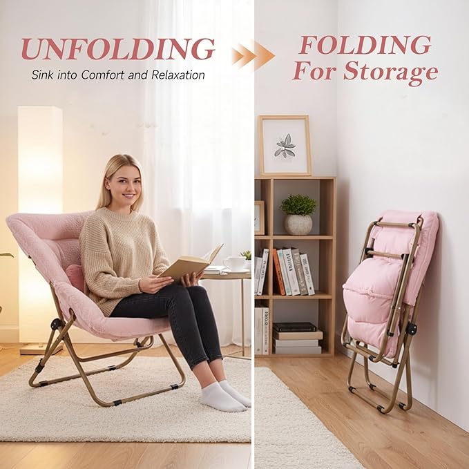 Modern Pink Faux Fur Foldable Metal Frame Recliner Chair for Bedroom, Living Room, Balcony