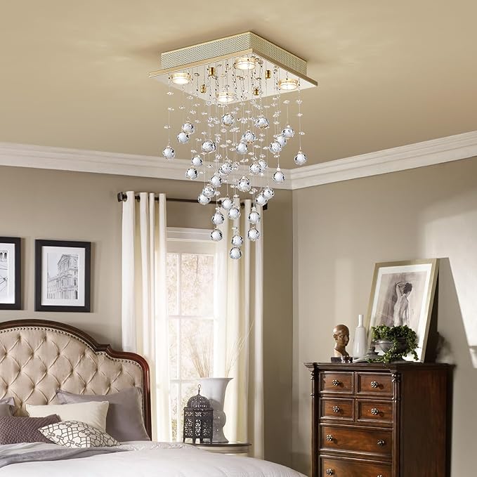 Bestier Gold Modern Crystal Square Raindrop Chandelier Lighting Flush Mount LED Ceiling Light Fixture Pendant Lamp for Dining Room Bathroom Bedroom Livingroom 4 GU10 Bulbs Required 12" Wide 20" High